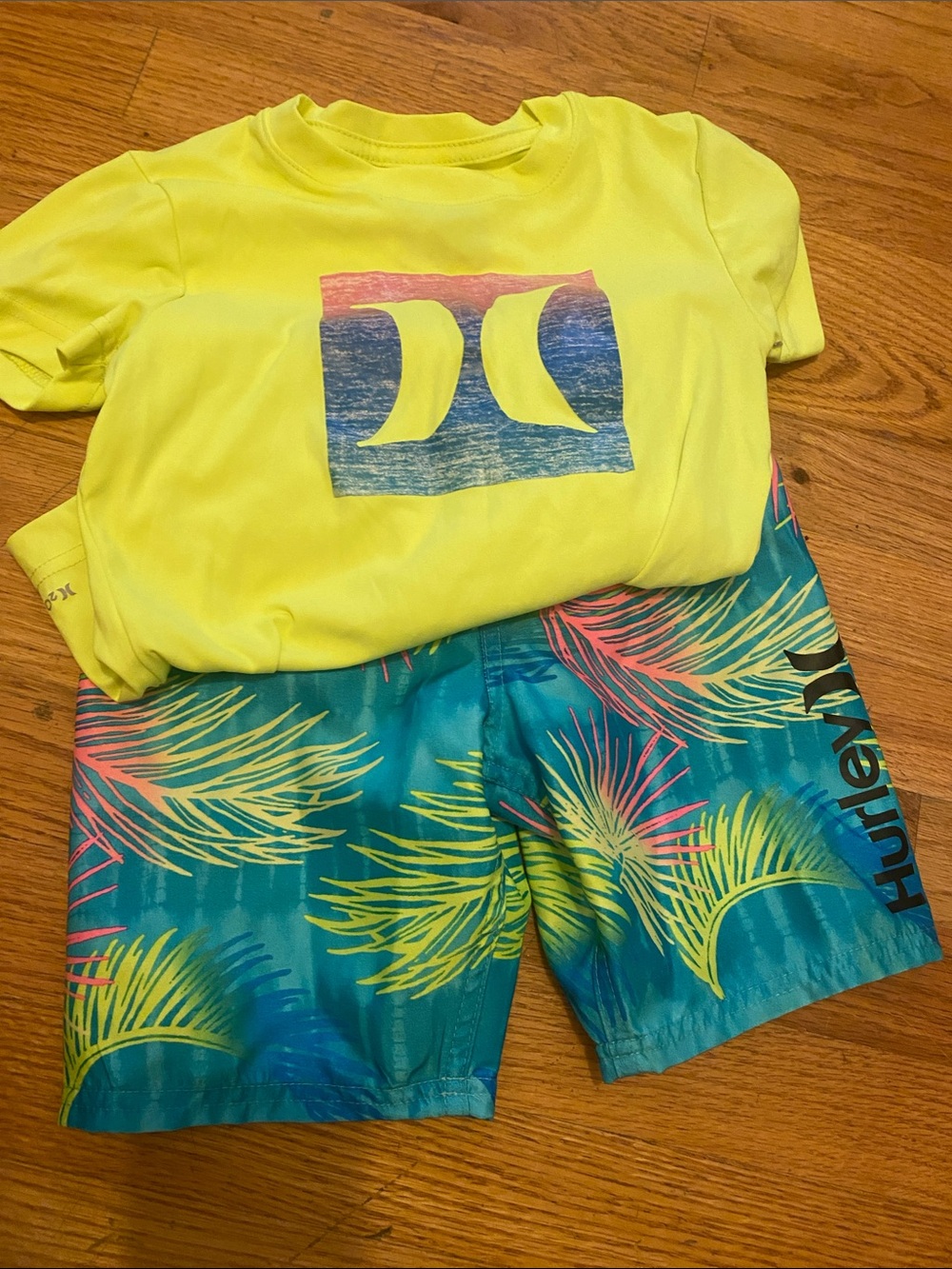 Hurley Yellow Rashguard Top with Teal Tropical Swim Trunks
